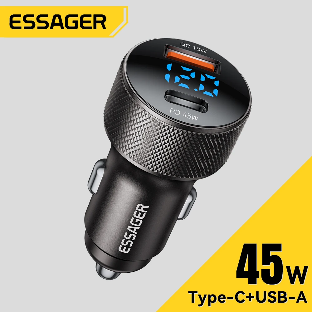 Essager USB C Caricabatteria da auto 45W 2 porte PD3.0 QC3.0 Display digitale Caricabatteria da auto per iPhone 16 15 Xiaomi Huawei Samsung OPPO