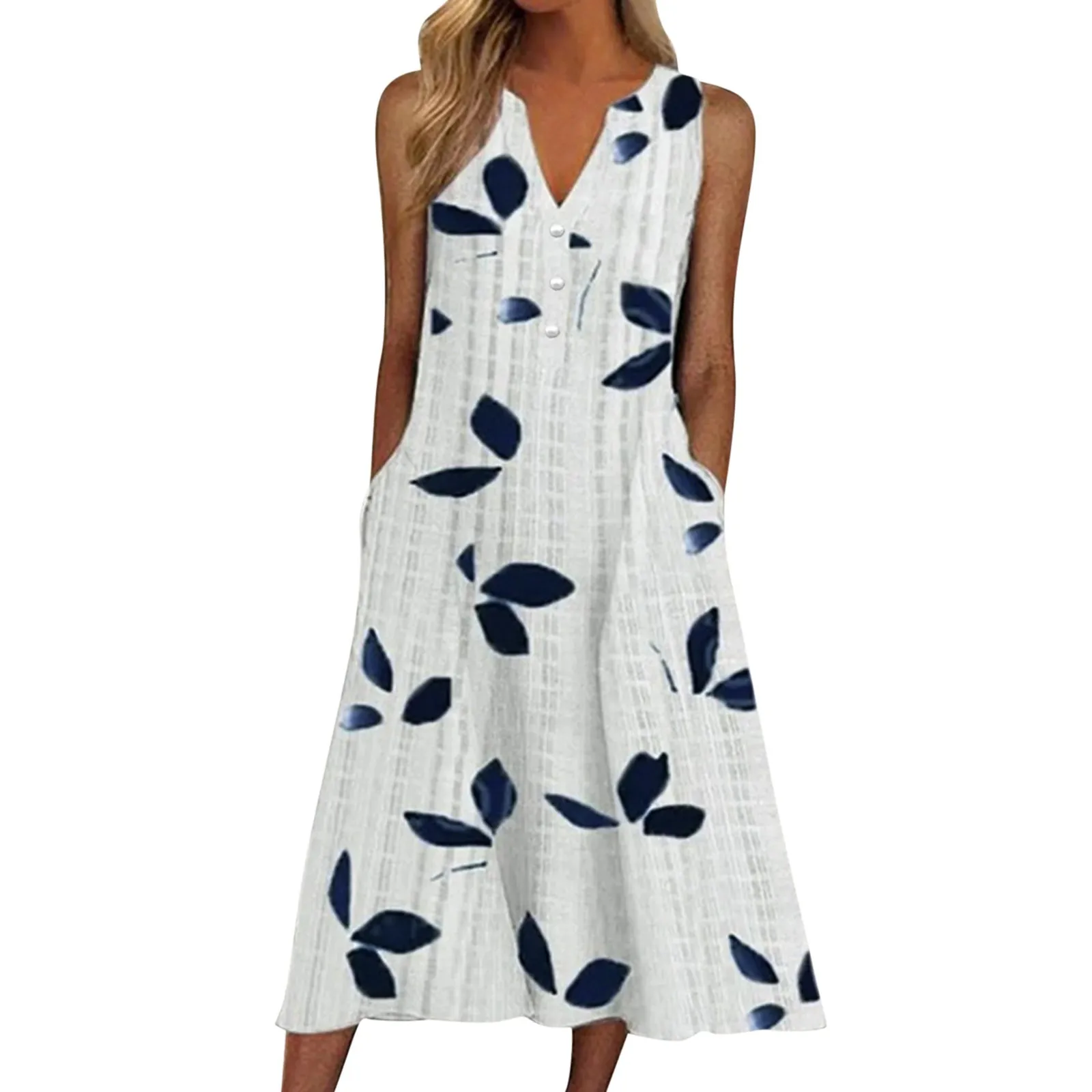 

Women's Fashion Leaves Printed Summer Dresses Casual V Neck Buttons Sleeveless Dress Loose Holiday Long Dresses With Pockets