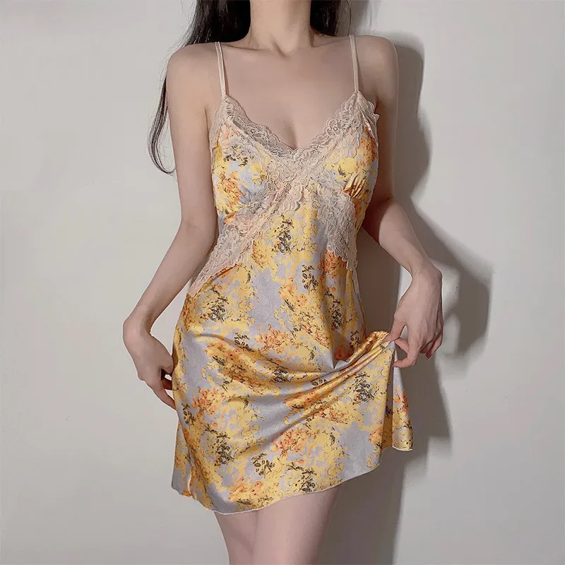 Daeyard Women's Sexy Lingerie Satin Nightgown Silk Chemise V Neck Negligee Sleepwear Lace Babydoll Sleepshirt Night Dress