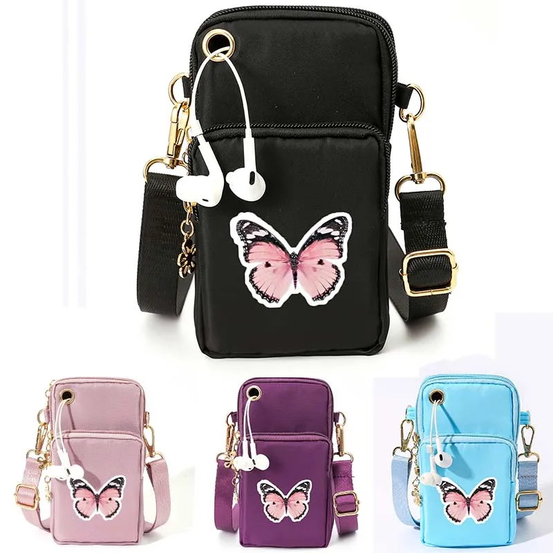 

4 Color Mobile Phone Bag Black Pink Butterfly Fashionable Three-Layer Diagonal Arm Single Shoulder Bag Earphone Hole Sports Yoga