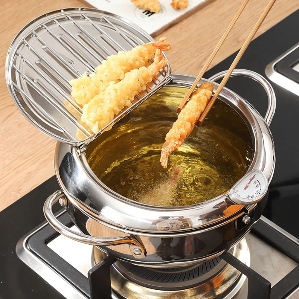 Deep Frying Pan Japanese-style Tempura Deep Fryer With Thermometer Lid Oil  Drip Drainer Rack Nonstick Stainless Steel Fryer Pot - AliExpress