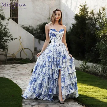 Modern Blue Floral Print Long Women Dresses Flowery Sexy Sweetheart Tiered Ruffles Corset Skirt Euro Style Summer Dresses 1