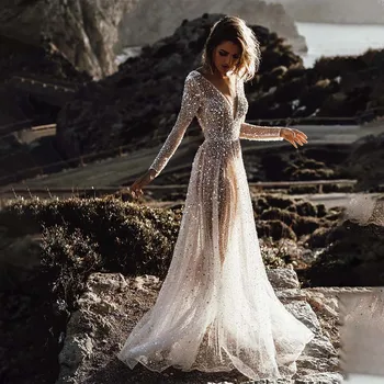 Stunning Beaded Sequined Long Sleeves V-neck Wedding Dresses Formal Party Grown Evening Dresses 2024 Rode De Morrie customized