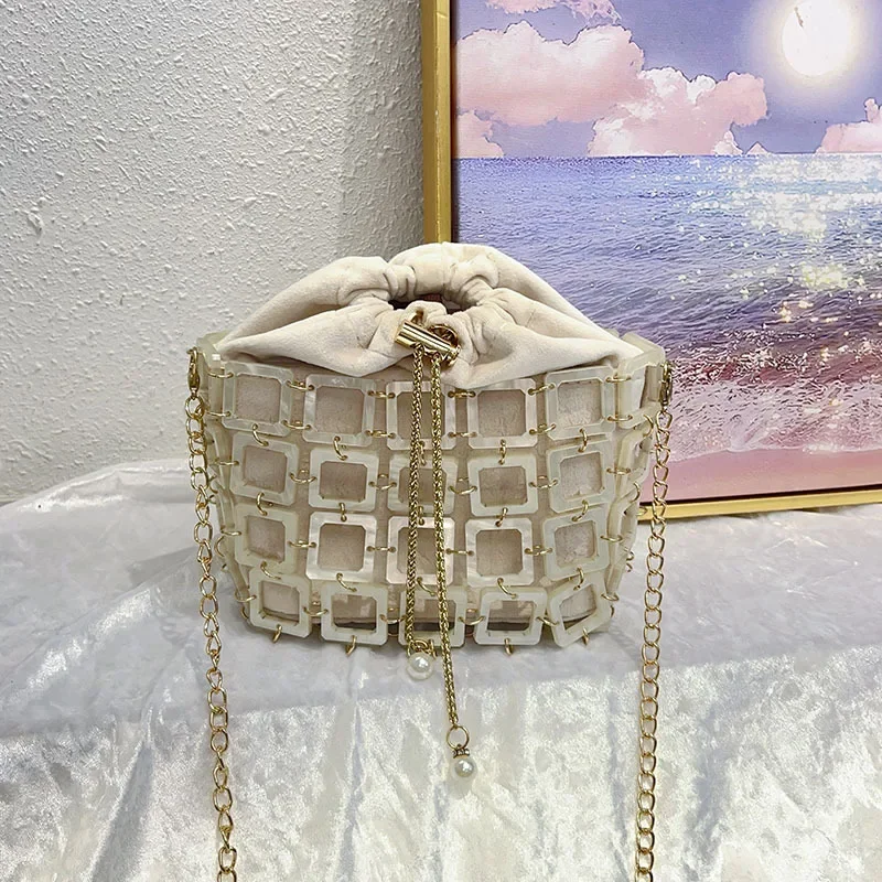 New Drawstring bead Ball Bag Beaded Handheld Dinner Bag High Quality Women's Hollow Out Bag Fashion Versatile Handheld