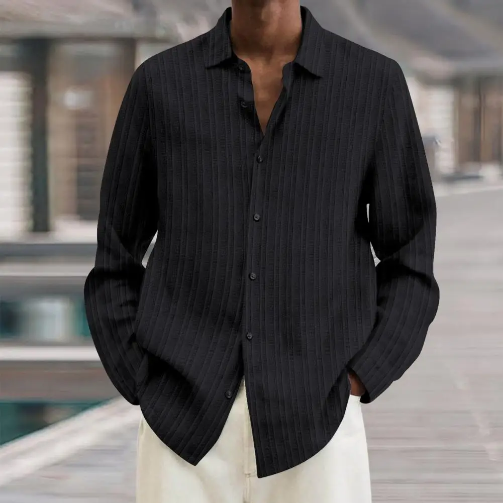 

Men Spring Autumn Shirt Top Button Closure Lapel Collar Men Shirt Long Sleeve Cotton Linen Male Striped Shirt Streetwear