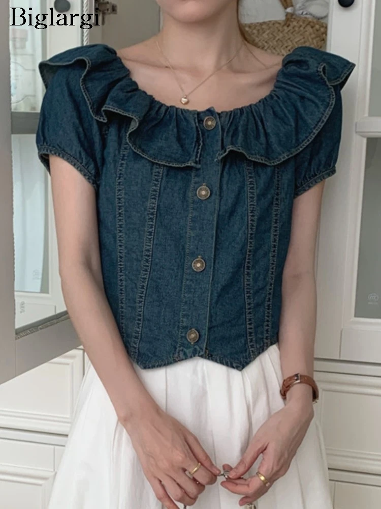 

Denim Off Shoulder Summer Shirts Tops Women Ruffle Fashion Retro Ladies Cropped Blouses Korean Style Irregular Woman Shirts