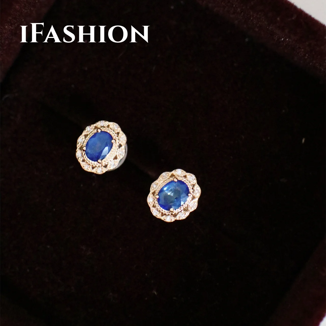 

IFASHION 18K Pure Gold Sapphire Diamond Earring Real AU750 Solid Gold Beautiful Upscale Trendy Classic Party Women Fine Jewelry