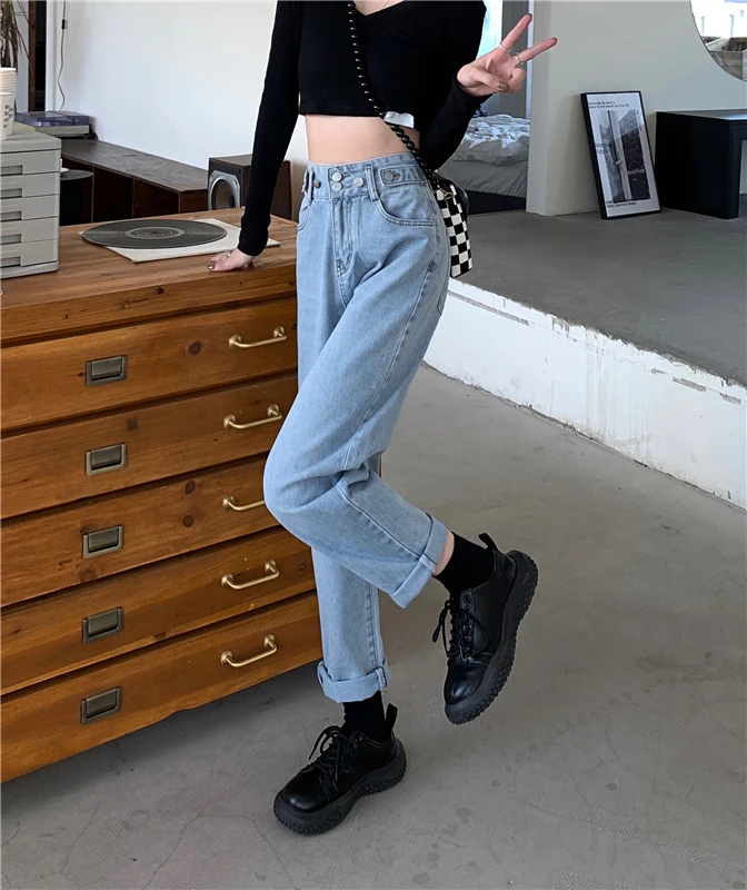 Hzirip Blue S-L Women Jeans Fashion High Waist Casual OL Loose New Summer 2022 Chic Lady Denim Slim Straight Wide Leg Pants straight jeans