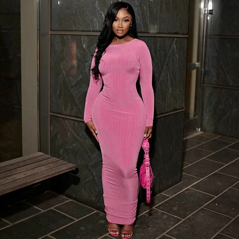 

Autumn Y2K Clothes Long Sleeve O-Neck Bodycon Maxi Dresses For Women 2023 Night Party Club Streetwear Elegant Solid Outfits