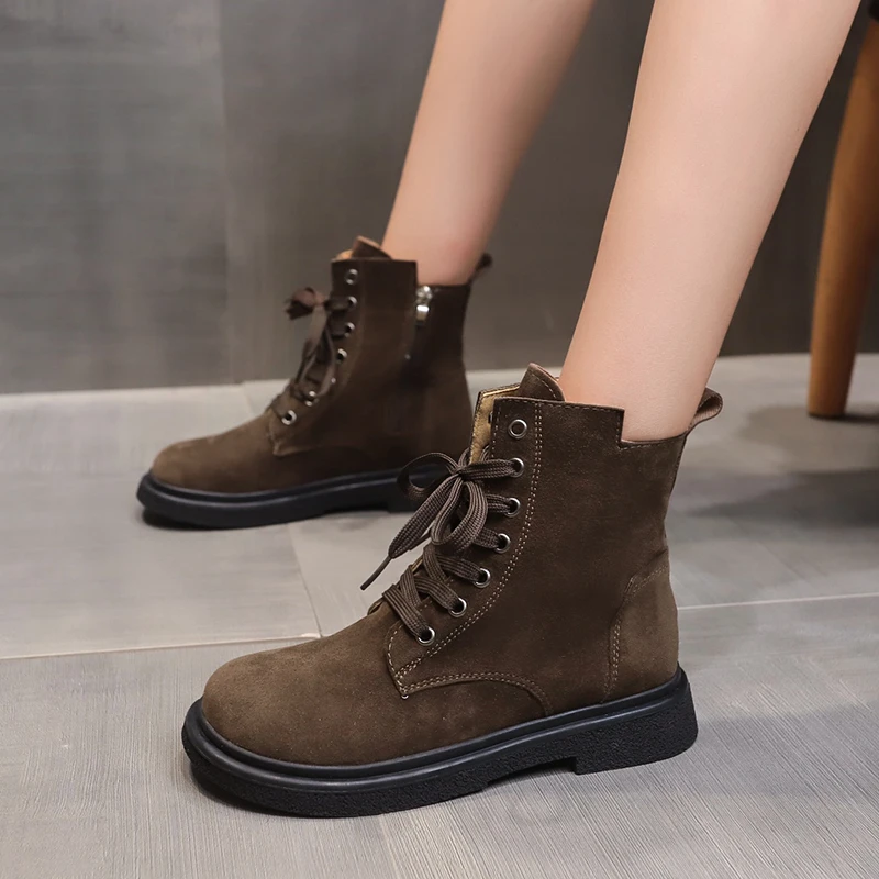 2023 Fashion Women's Shoes Basic Women's Boots Casual Ankle Boots Women Side Zip Cross-tied Round Toe Square Heel Shoes Female