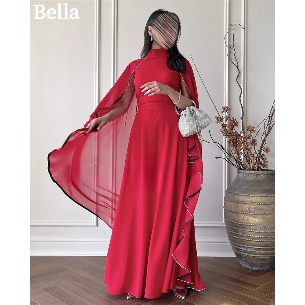 

Bella Red High Neck فساتين السهرة Detachable Shawl A-line Prom Dress Modest Ankle-Length Sleeveless Satin Formal Evening 2024