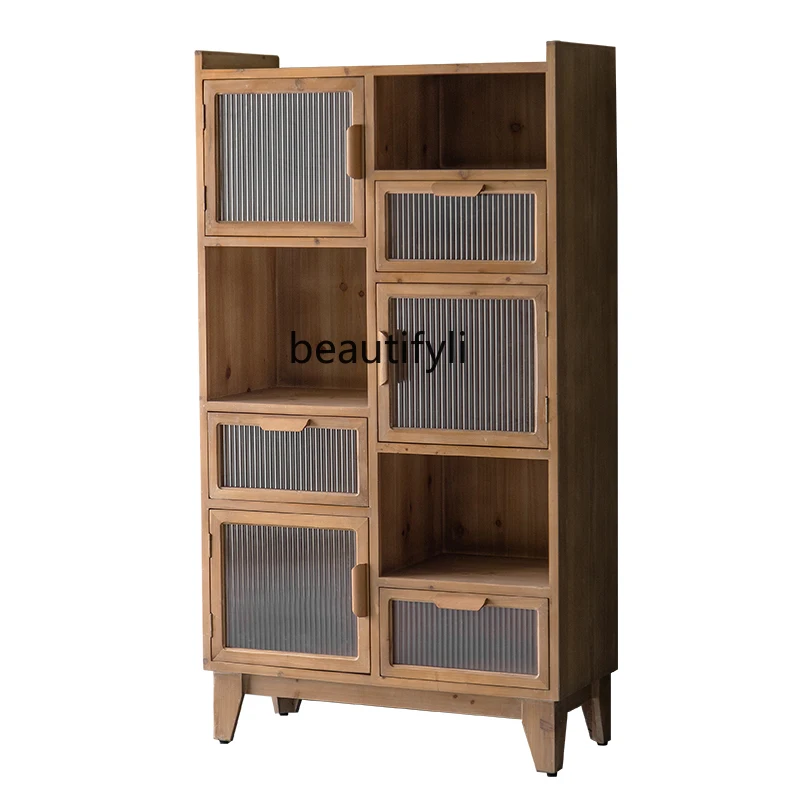 

zq American Country Style Log Furniture Vintage Glass Surface Drawer Chest of Drawers B & B Sideboard Cabinet