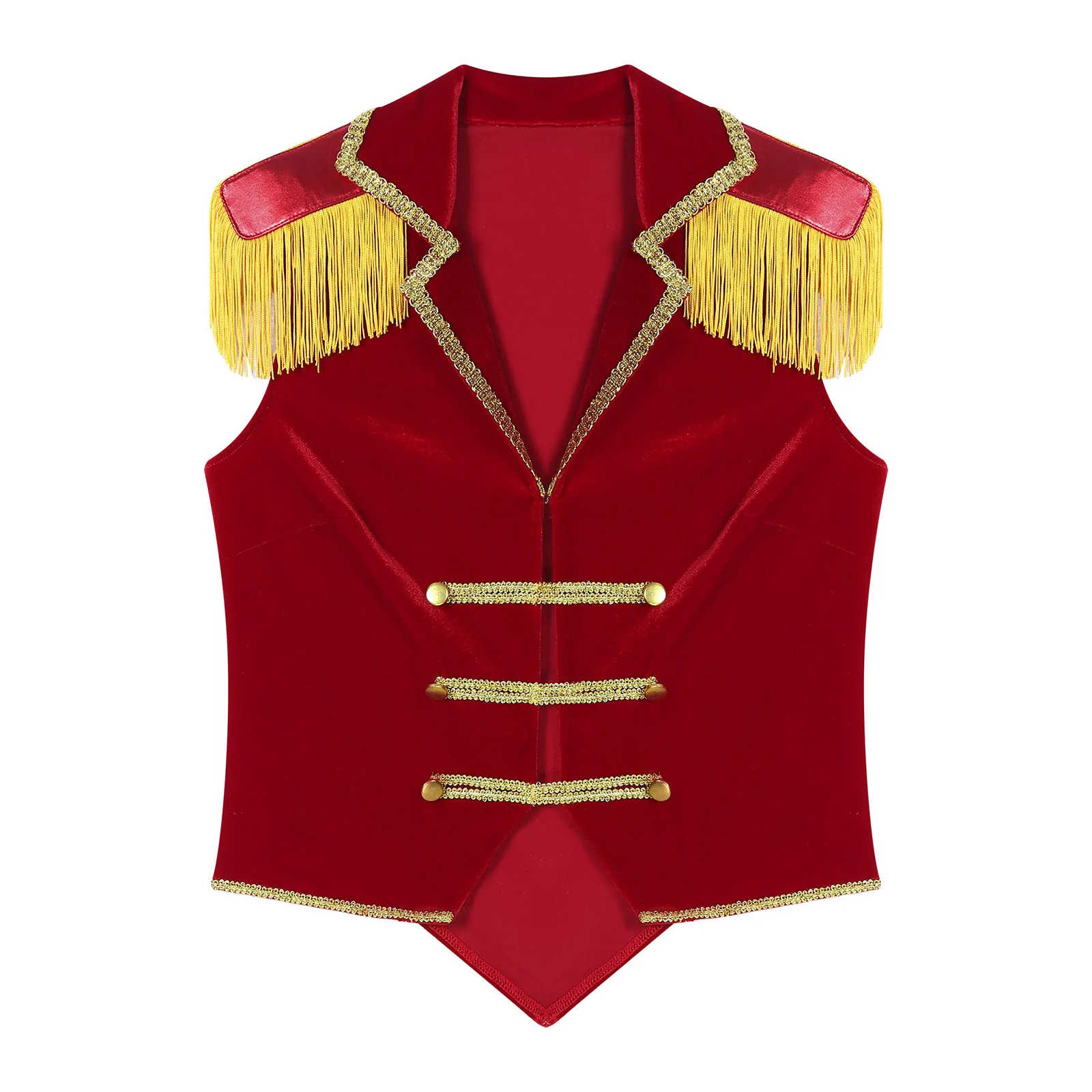 Womens Circus Ringmaster Role Play Tops Halloween Cosplay Costume Sleeveless Tassels Velvet Waistcoat Irregular Hem Button Vest