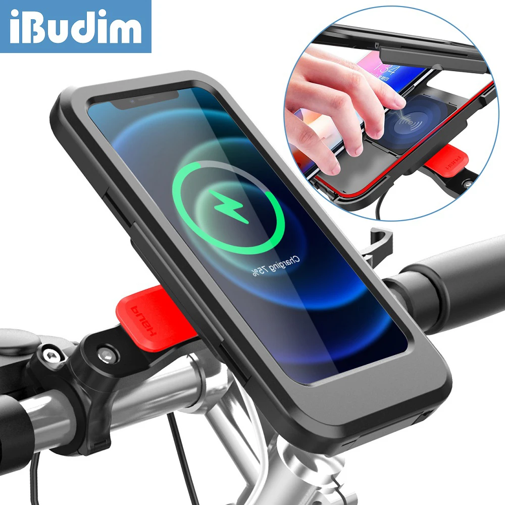 

iBudim Bicycle Bike Handlebar Cell Phone Holder Bag Waterproof Case for Motorcycle Scooter Wireless Charger Phone Bracket Mount