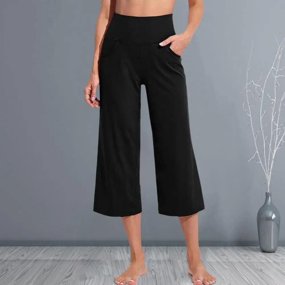 

Women Wide-leg Cropped Pants Solid Color Wide-leg Cropped Pants for Women Elastic High Waist Loose Fit Leisure Trousers