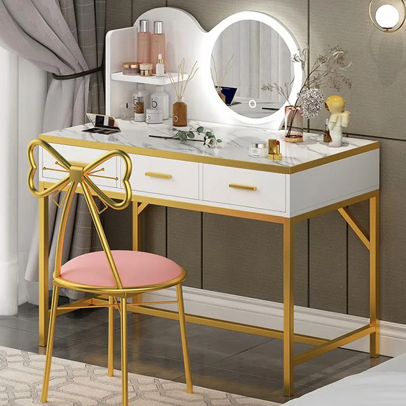 

Organizer Chair Dressing Table Makeup Container Luxury Nordic Dressing Table Led Lights Toiletries Coiffeuse Bedroom Furniture