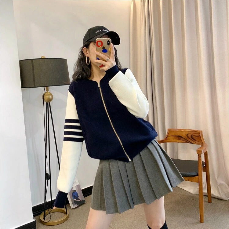 

TB baseball uniform sports casual jacket female college style four-bar color-blocking knitted jacket zipper cardigan tide