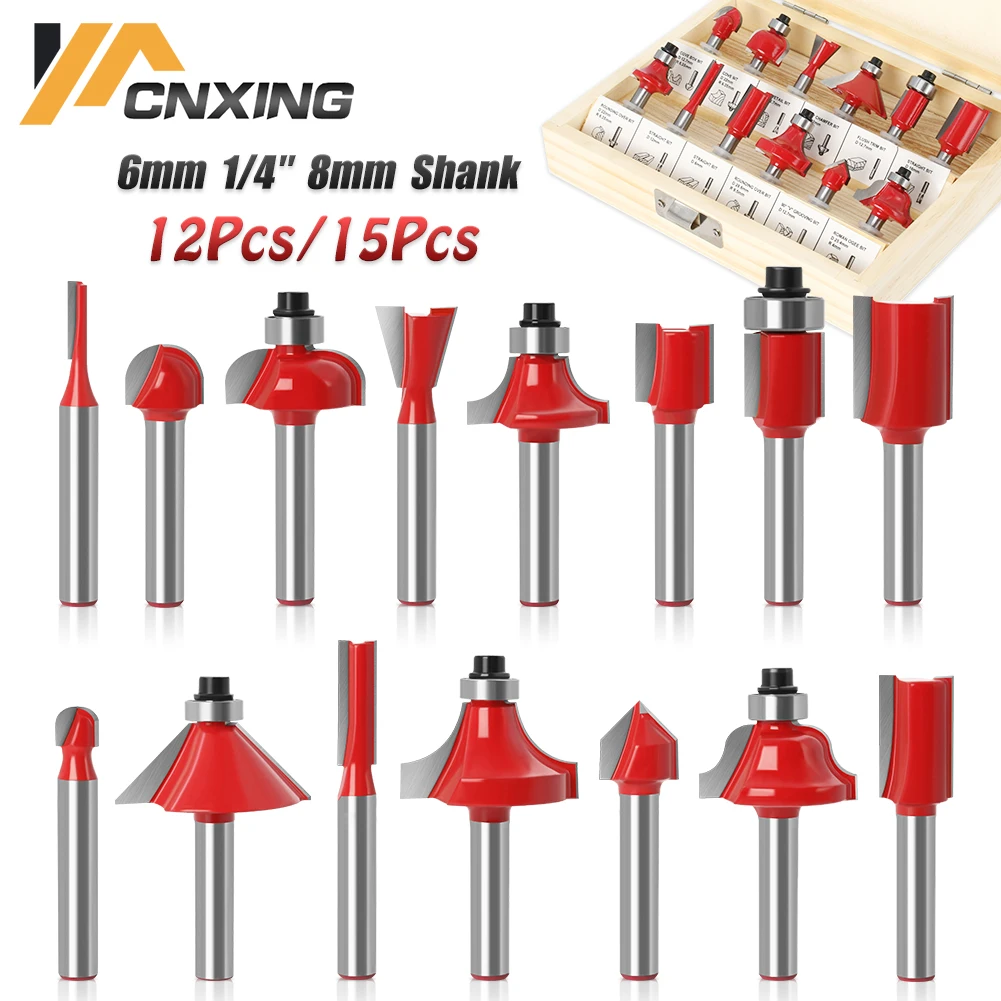 

12Pcs/15Pcs 1/4" 6mm 8mm Shank Router Bit Set Milling Cutter For Wood Trimming Slotting Engraving Carbide Woodworking DIY Tools