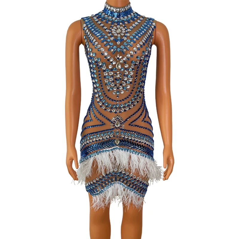 

Women Party Dress Colorful Rhinestones Feather Dress Birthday Celebrate Dress Evening Dresses Costume Festival Outfit XS6637