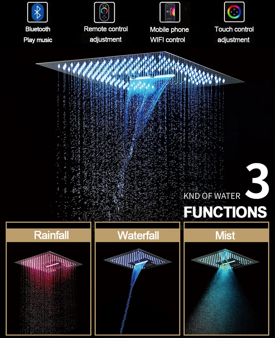 M Boenn 16 Inch 3 Functions Black Shower Head Rainfall Luxurious Bathroom Music Showers Experience Embeded Ceiling Shower Panel