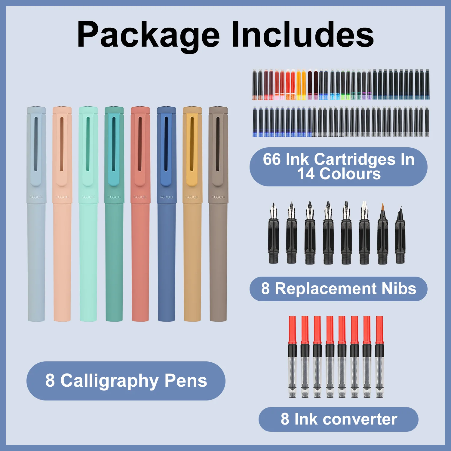 Calligraphy Pen Set 74pcs- 8 Calligraphy Fountain Pens with Varied Nibs, 66 Ink Cartridges(14 Colors)-Writing, Drawing - 6