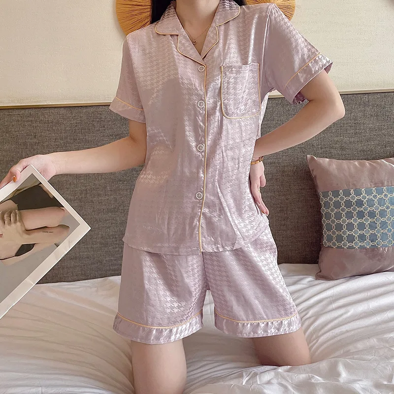 

Women Pajamas Sets 2 Pieces Print Pijama Faux Silk Satin Lapel Pyjama Female Sleepwear Short Sleeve Shirt Shorts Suits Homewear
