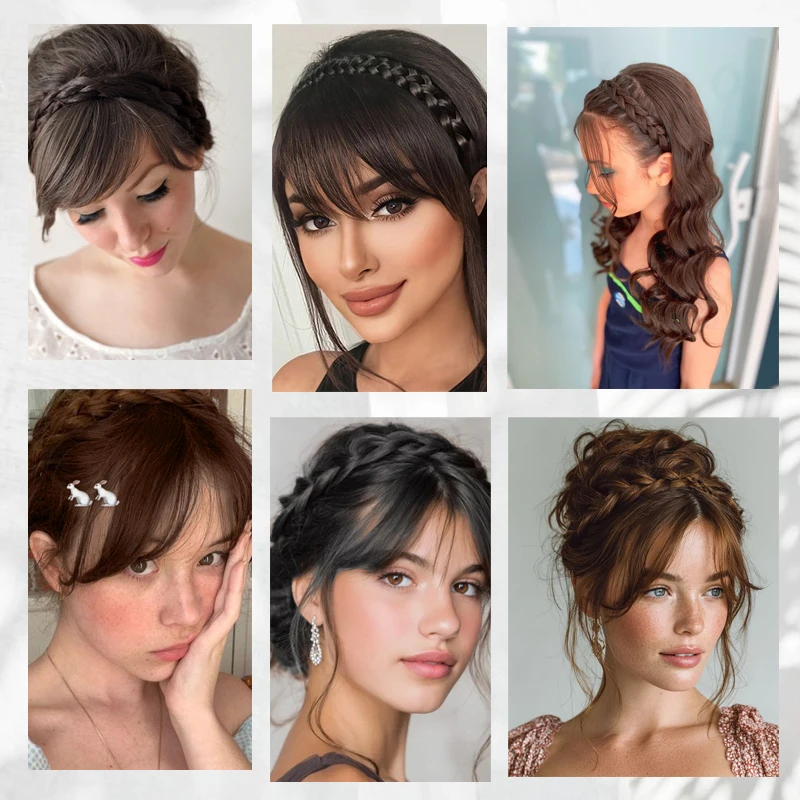 Synthetic Braided Headband with Hair Bangs Wig Brown Side-swept bangs with Handmade Braided Hairband Hairpiece for Women Use