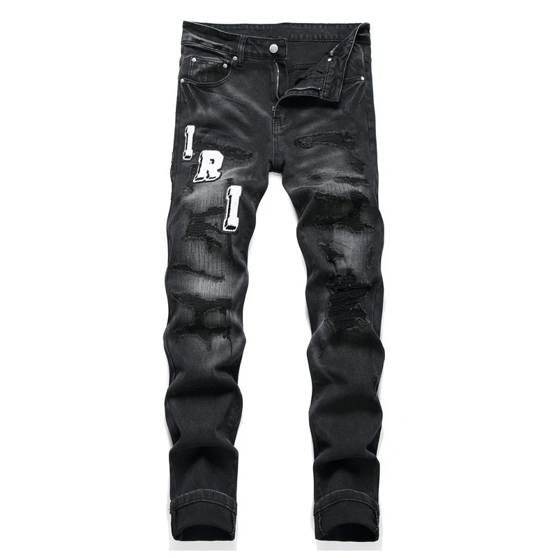 Men's Retro Black Jeans Ripped Holes Trendy Stretch Slim Fit Fashionable Pants Versatile men's pants ripped jeans ripped patchwork jeans