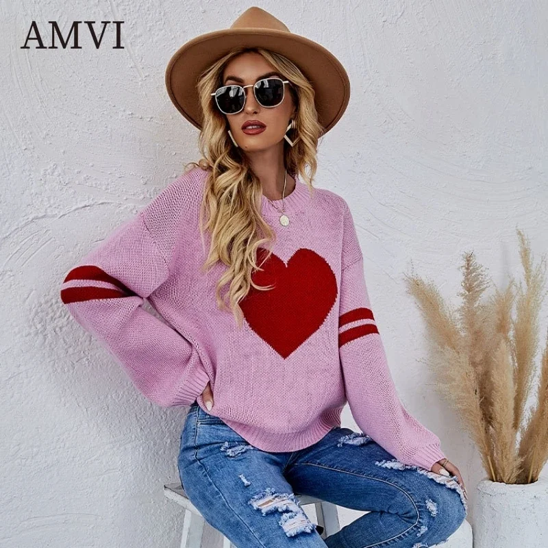 

2023 New Pullover Women's Jumper Loose Round Neck Sweater Love Long-sleeved Jumper Knitted Tops Casual Sweater Female Pullover