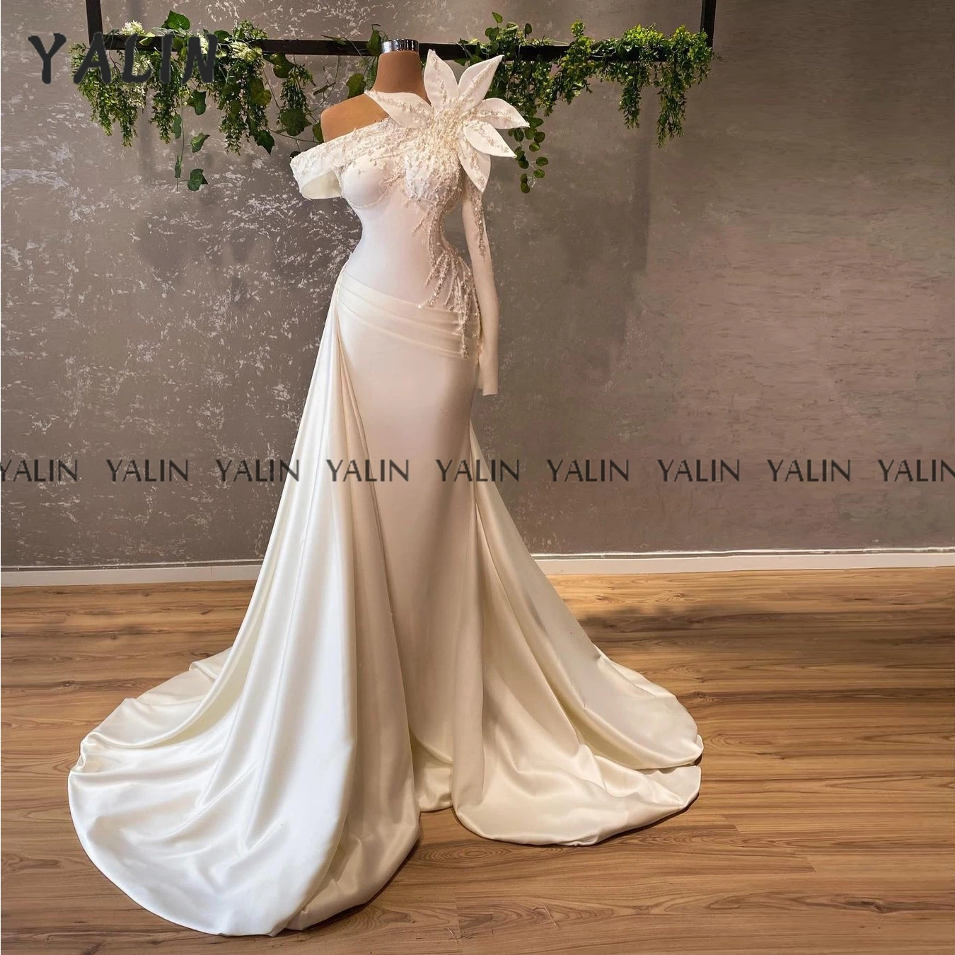 

YALIN Off Shoulder Evening Dress White Floor vestido formal Elegant Flower Sexy High Quality One Sleeve Card Ball Grown