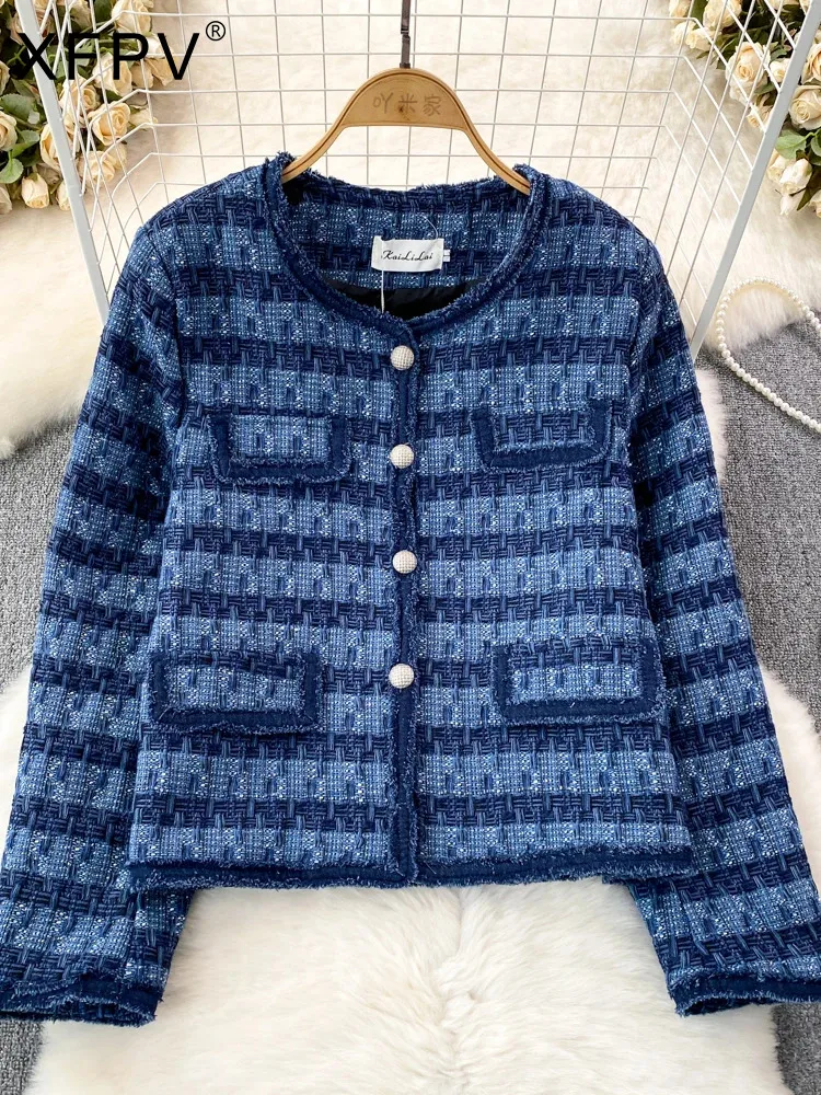 

BabYoung Women Temperament Contrast Color Round Neck Woven Tweed Single Breasted Coat Korean Fashion Tide Autumn Winter 2023