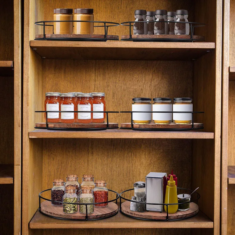 Multipurpose Wooden Revolving Spice Rack and Storage Tray for Kitchen Cabinets