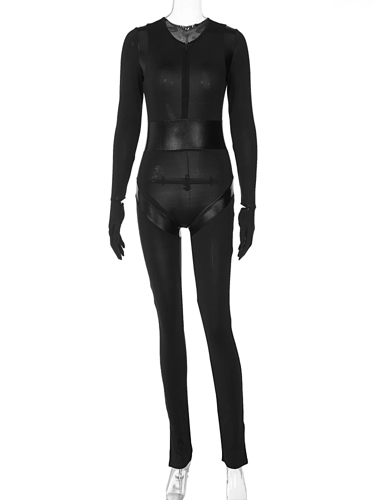 2022 Black Solid O Neck Long Sleeves Zip Up Sexy Bodycon Skinny Jumpsuit Fall Women New Streetwear Sports Y2K Romper