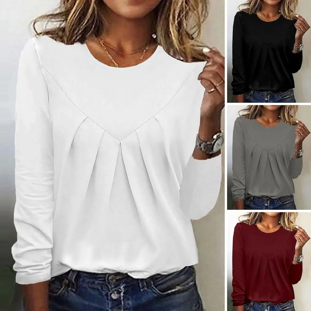 

Fashion Autumn Women Top Round Neck Pleated Solid Color Loose Pullover Breathable Commute Lady Long Sleeves T-shirt Blouse Tops