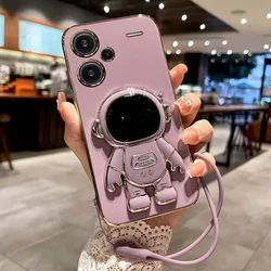 Cartoon Astronaut Holder Plating Phone Case with Stand and Lanyard - Silicone Cover for Find X6 Pro (Purple)