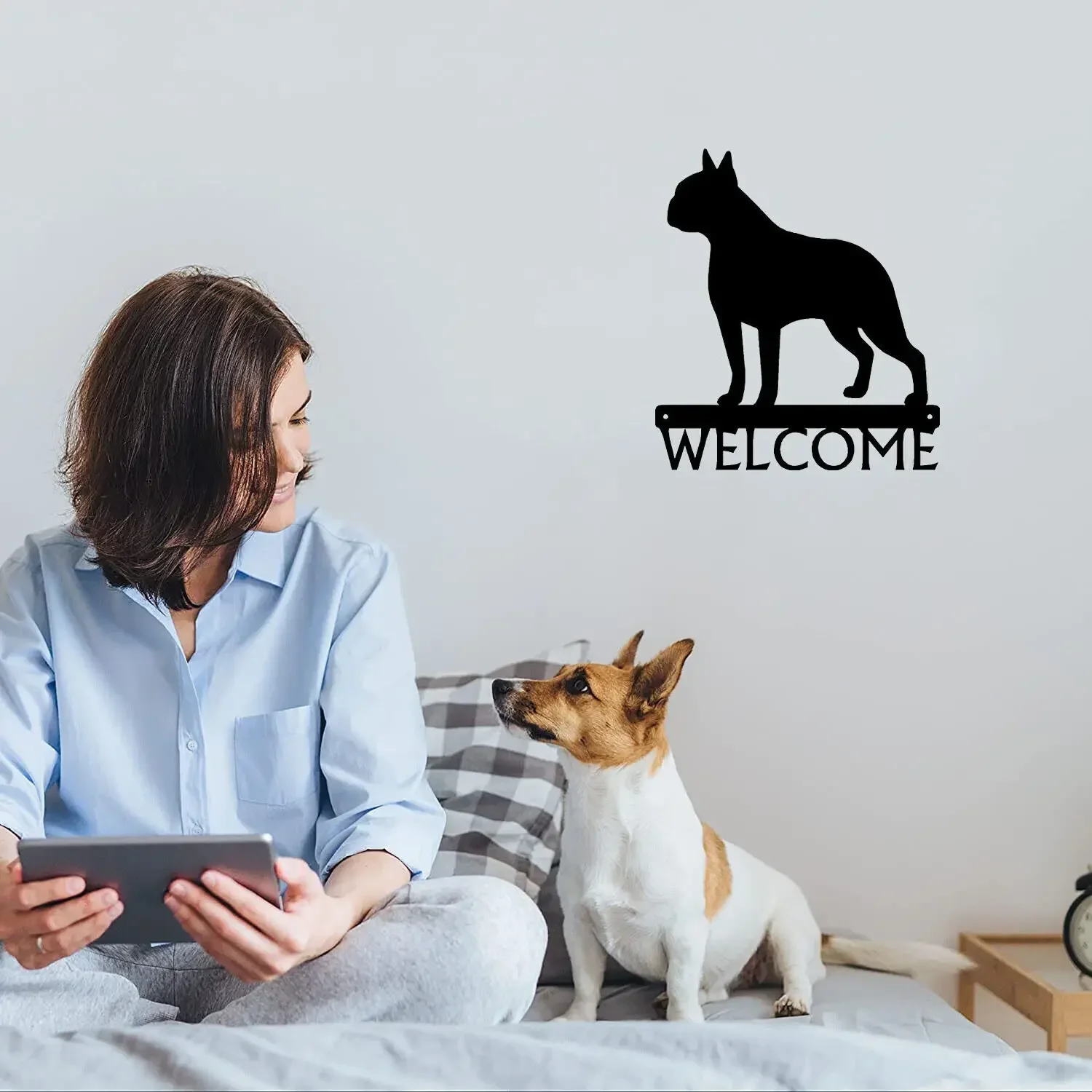 

Популярный металлический настенный артдог, приветственный знак Boston Terrier для гостиной, спальни, кабинета, крыльца-Размер 12x13,6 дюйма