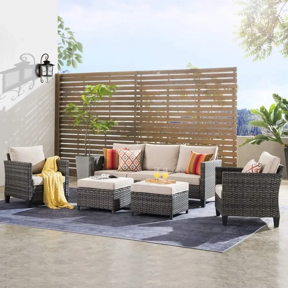 

5 Pieces Outdoor Wicker Rattan Sofa Couch with Chairs, Ottomans and Comfy Cushions, Garden Backyard Patio Furniture Set