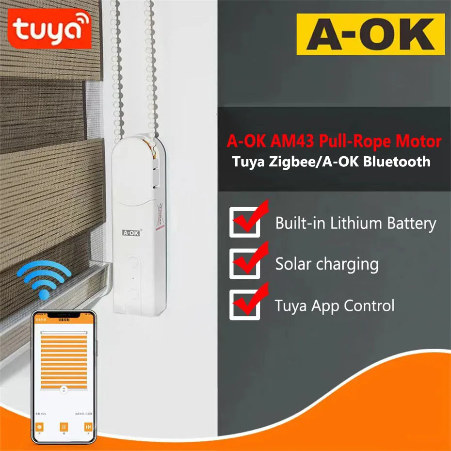 

A-OK AM43 Bead Chain Pull-Rope Blind Motor,Tuya Smart App Zigbee Bluetooth,Voice Control via Alexa Google,Upgrade Manual Curtain