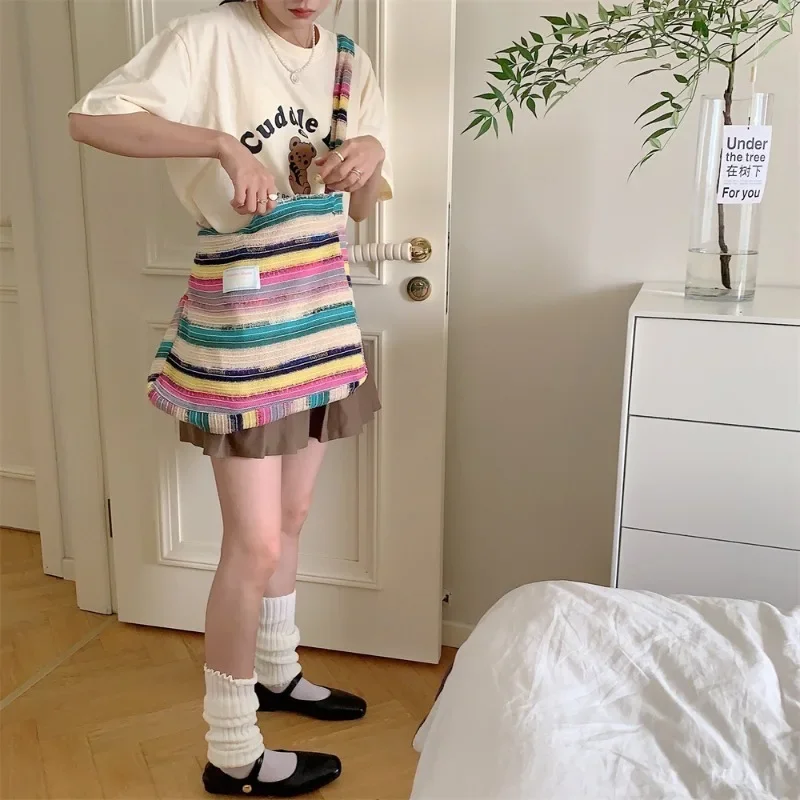 Women's Bag New Shoulder Bag Wool Knitted Woven Handbag Contrast Color Rainbow Stripe Leisure Travel Daily Commuting Sweet Cute