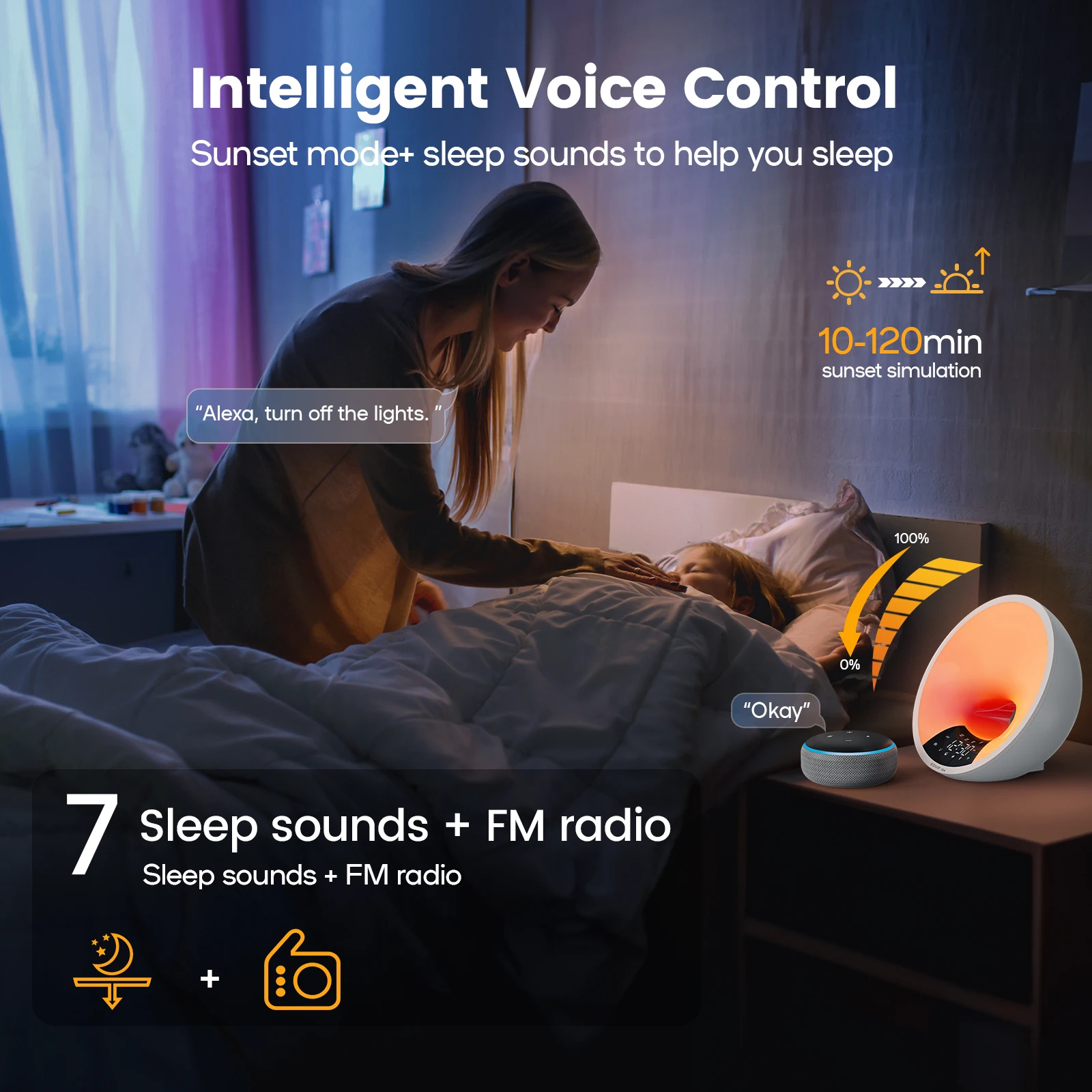 15W Bluetooth Speaker with Smart Wake Up Light FM Radio BT5.3 RGB Color Changing Atmosphere Bedside Lamp Alarm Clock WISETIGER
