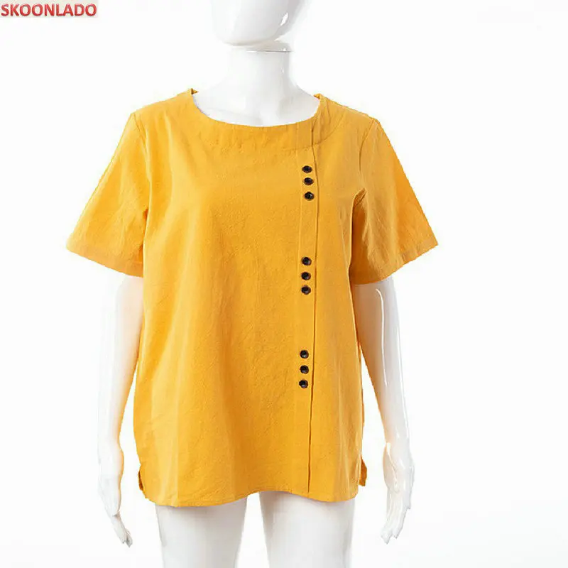 

Hotsale Newest Coming Women Plus size Summer Tops Cotton Linen Female Blouses Round Neck Cool Healthy Clothes Casual Oversizes