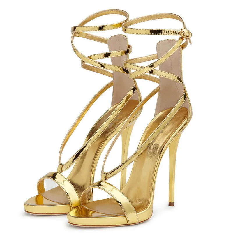 

Sexy Solid Color High Heel Shoes Narrow Band Round Toe Leather Female Shoes High-Top Open Toe Cross-tied Sandals Big Size 34-46