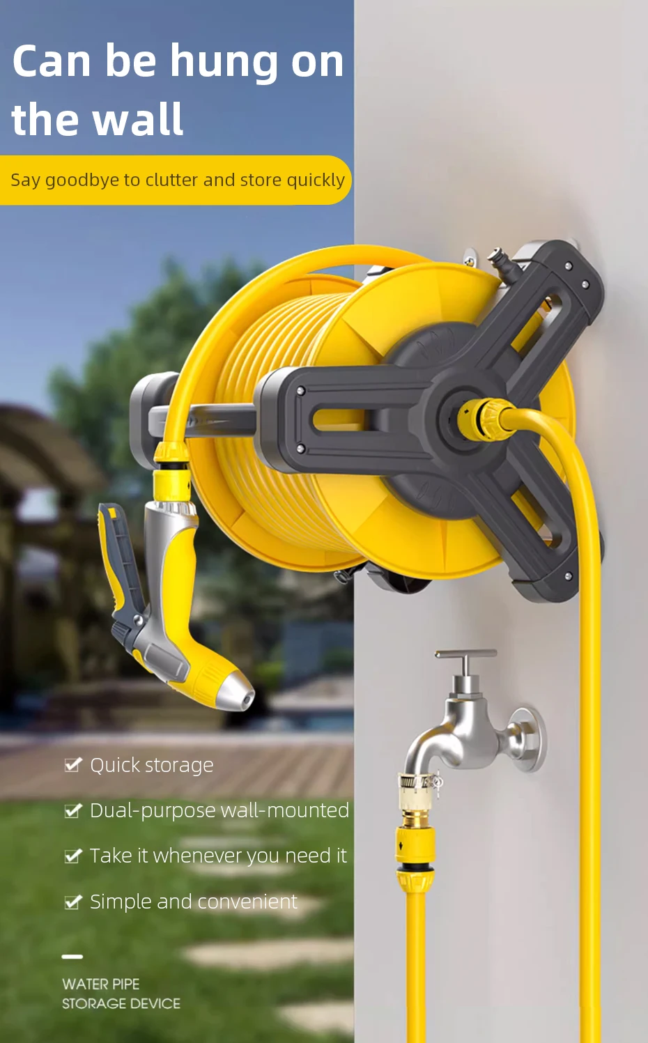 Portable Garden Hose Reel Wall-Mounted Water Hose Rack with 10M/15M Hose Retract