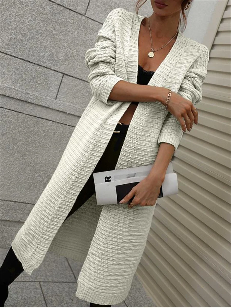 

Women's Long Sleeve Cardigan, Solid Color Cable Knit Front Open Loose Sweater Coat Extended Outwear for Autumn Winter