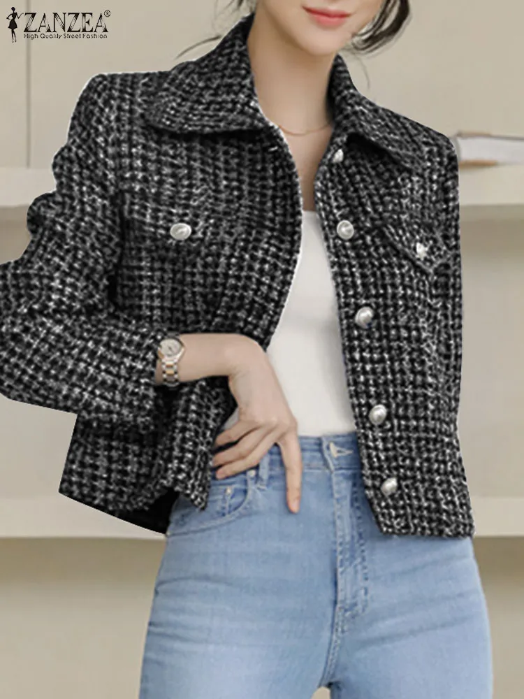 

ZANZEA 2023 Lapel Slim Jackets Casual Vintage Cropped Korean Fashion Tweed Coats AutumnOffice Lady Single Breasted Outerwears