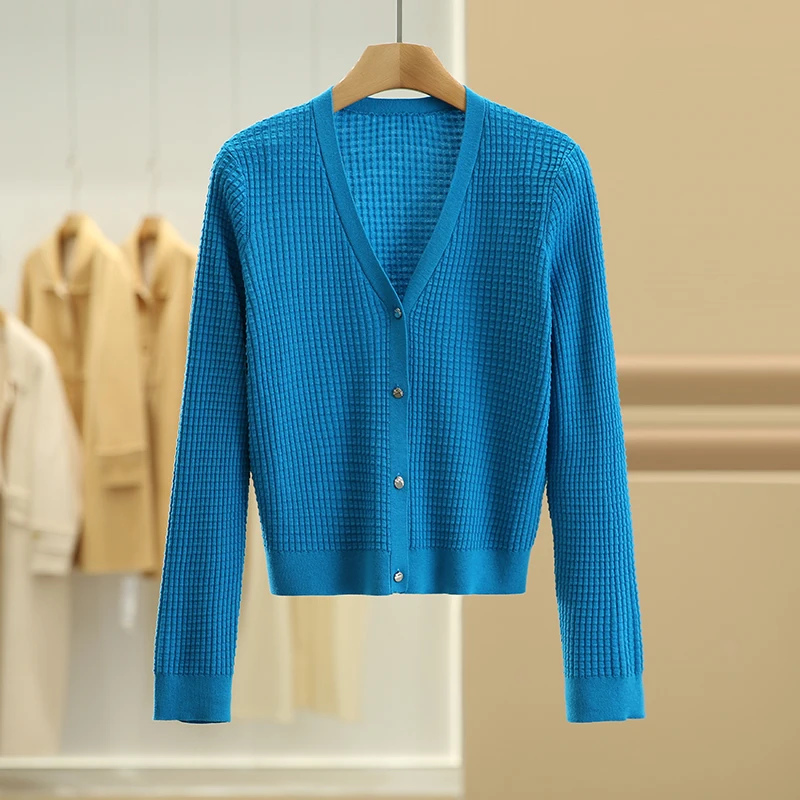 W 브랜드 니트 모직 스웨터 체크무늬 슬리밍 여성 패션 V넥 긴팔 가디건 아우터 가을 시즌