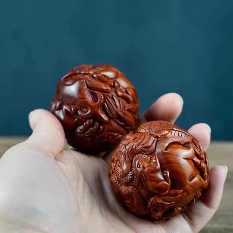 2PCS Huanghuali Zodiac Health Care Ball Handball Massage Ball Carving And Play Fitness Solid Wood Handle