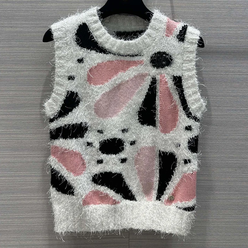 

Autumn New Classic Mohair Floral Vest Sweater Fashion Round Neck Diamonds Buckets Tank Tops Y2K Women Cashmere High End Clothing