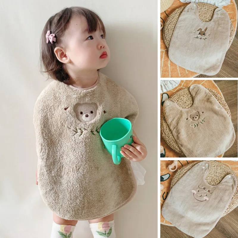 Baby Toddler Kids Plush Waterproof Feeding Bibs Burp Cloths for Brushing Teeth Washing Face Eating Cute Cartoon Bear Soft Bibs