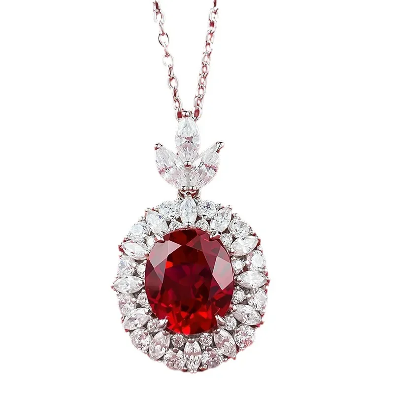 

Spring Qiaoer Vintage 925 Sterling Silver 10*12MM Oval Cut Ruby High Carbon Diamond Gemstone Pendant Necklace Fine Jewelry
